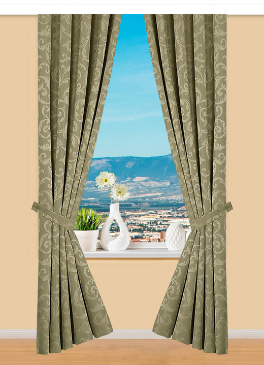 Klassisch - Hochwertige Jacquard Übergardinen-Garnitur, in Größe 365 (H145xB130 cm) bis 899 (2er-Pack Raffhalter, 70 cm), in Farbe BEIGE Ansicht 2