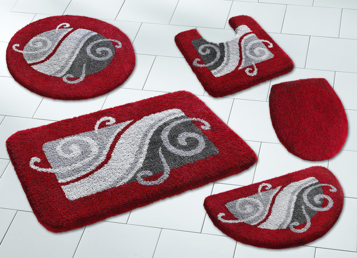 Badgarnituren - Badgarnitur mit 20 mm Florhöhe von Grund, in Größe 100 (Vorleger halbrund, 50/ 80 cm) bis 112 (WC-Deckelbezug, 47/ 50 cm), in Farbe ROT-GRAU Ansicht 2