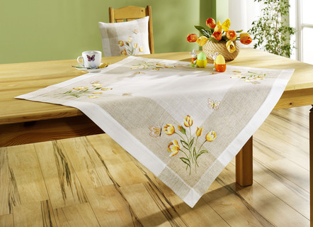 Tischdecken - Tisch- und Raumdekoration mit Tulpen und Schmetterlinge, in Größe 102 (Läufer, 40/ 85 cm) bis 404 (Kissenbezug, 40/ 40 cm), in Farbe SEKT – Farbe SEKT – Ansicht 