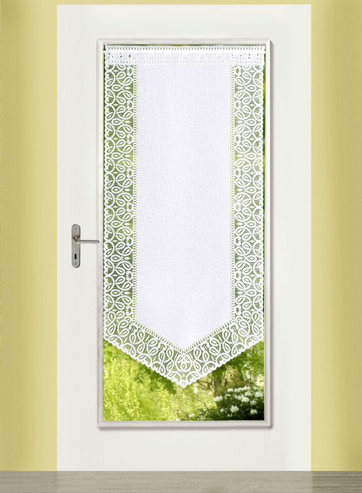 Klassisch - Fenster- und Türbehang mit Dreiecksabschluss, in Größe 309 (2x Fensterbehang, H 80xB40 cm) bis 349 (1x Türbehang, H180xB90 cm), in Farbe WEISS Ansicht 2