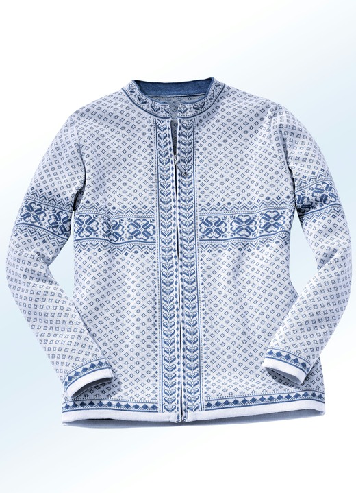 Strickjacken - Strickjacke in Jacquard-Dessin Strickjacken - Strickjacke in Jacquard-Dessin, in Größe 036 bis 052, in Farbe ECRU-JEANSBLAU