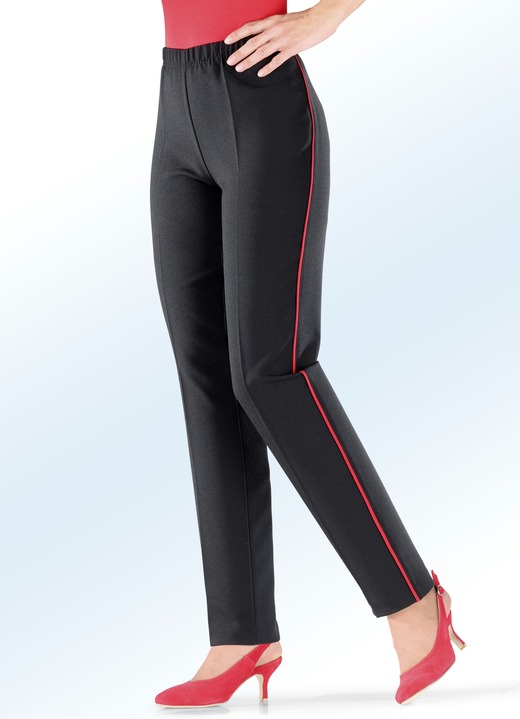 Hosen - Hose mit angesagter Kontrast-Zierpaspel, in Größe 019 bis 235, in Farbe SCHWARZ-ROT Ansicht 1