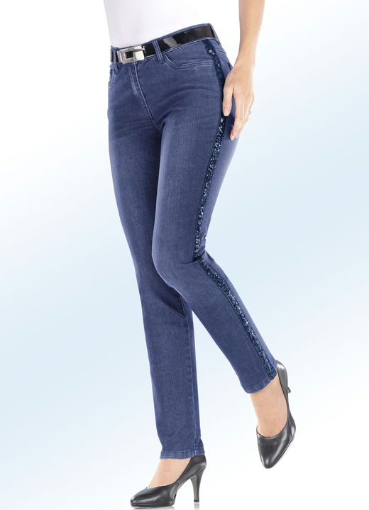 Hosen - Edel-Jeans mit trendigem Pailletten-Zierband, in Größe 018 bis 092, in Farbe DUNKELBLAU Ansicht 1