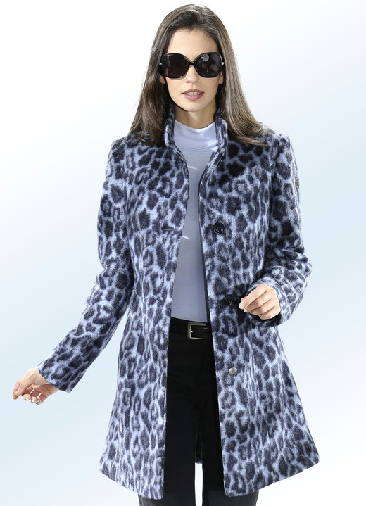 Damenmode - Longjacke mit Raubtierfell-Dessin, in Größe 020 bis 052, in Farbe MARINE-BLEU