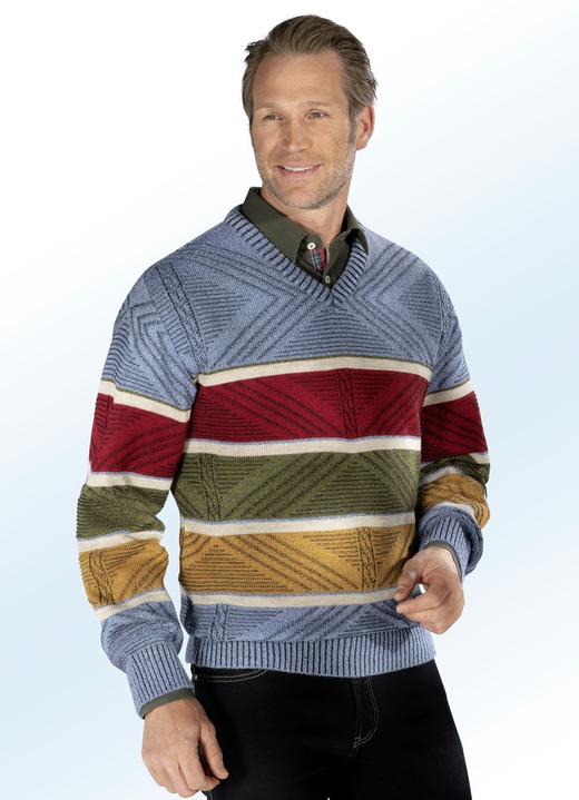 - Pullover mit Jacquard-Dessin allover, in Größe 044 bis 060, in Farbe JEANSBLAU-OLIV-SENFGELB-ROT