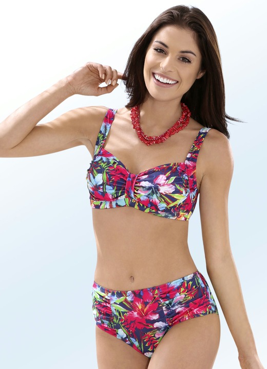 Bikinis - Bikini mit herausnehmbaren Softschalen, Zierschlaufe und Druckdessin allover, in Größe 036 bis 050, in Cup D, in Farbe ROT-BUNT Ansicht 1