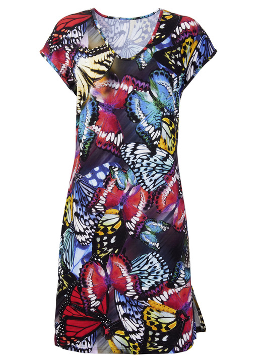 Strandkleider - Kleid mit farbbrillantem Druckdessin und überschnittenen Ärmeln Ansicht 2 Strandkleider - Kleid mit farbbrillantem Druckdessin und überschnittenen Ärmeln, in Größe 036 bis 054, in Farbe SCHWARZ-BUNT Ansicht 2