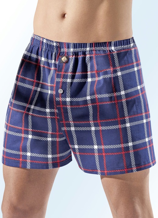 - Fünferpack Boxershorts mit knöpfbarem Eingriff, kariert, in Größe 006 bis 013, in Farbe 3X MARINE-ROT-WEISS, 2X MARINE-GRÜN-WEISS