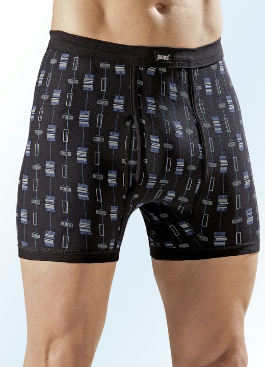 Slips & Unterhosen - Viererpack Unterhosen mit paspeliertem Eingriff, allover dessiniert, in Größe 005 bis 014, in Farbe 2X SCHWARZ-BUNT, 2X MARINE-BUNT