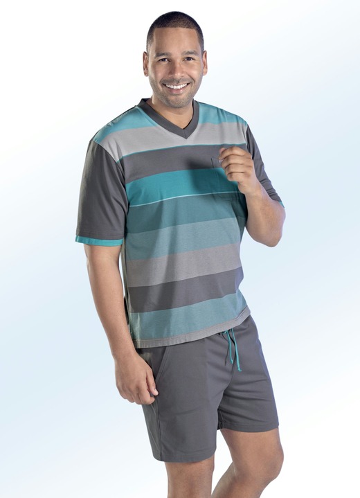 Shortys - Hajo Klima Komfort Shorty mit V-Ausschnitt und garngefärbtem Ringeldessin, in Größe 046 bis 060, in Farbe SCHWARZ-ROT Ansicht 2