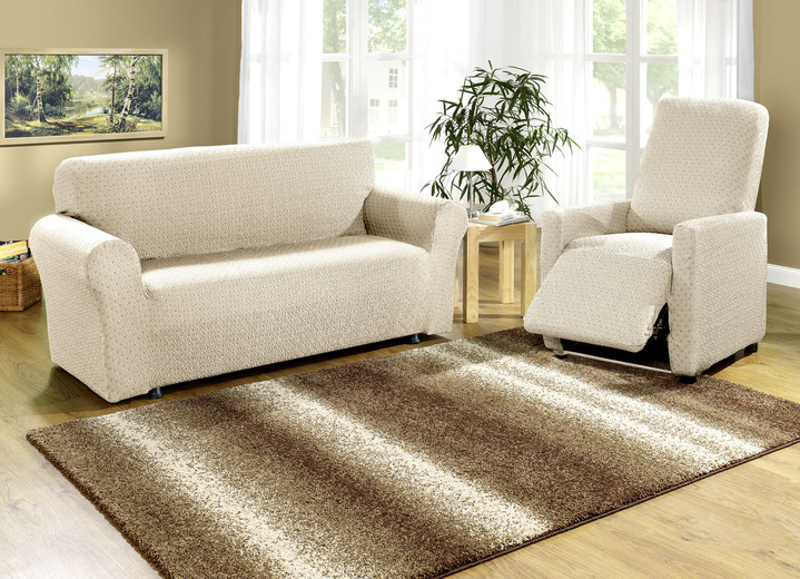 Sessel- & Sofaüberwürfe - Stretchbezüge mit schöner Strukturierung, in Größe 101 (Sesselbezug) bis 115 (Stuhlbezüge, 4er-Set), in Farbe CREME Ansicht 1