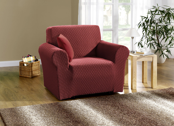 Sessel- & Sofaüberwürfe - Stretchbezüge mit schöner Strukturierung, in Größe 101 (Sesselbezug) bis 115 (Stuhlbezüge, 4er-Set), in Farbe ZIEGELROT Ansicht 1