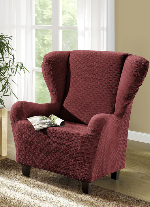 Sessel- & Sofaüberwürfe - Stretchbezüge mit schöner Strukturierung, in Größe 101 (Sesselbezug) bis 115 (Stuhlbezüge, 4er-Set), in Farbe ZIEGELROT Ansicht 1
