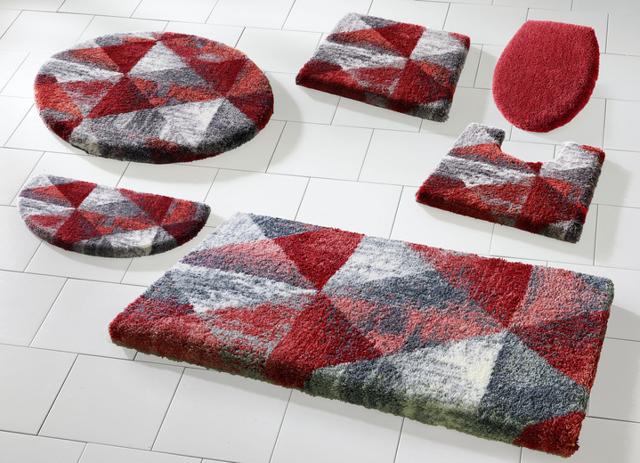 Badgarnituren - Badgarnitur von Grund mit geometrischem Dessin Ansicht 6 Badgarnituren - Badgarnitur von Grund mit geometrischem Dessin, in Größe 100 (Vorleger halbrund, 50/ 80 cm) bis 112 (WC-Deckelbezug, 47/ 50 cm), in Farbe ANTHRAZIT-GRAU Ansicht 6