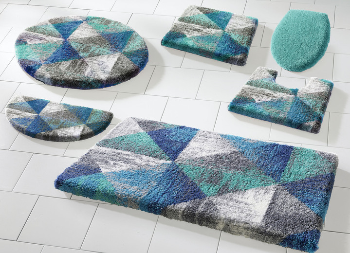 Badgarnituren - Badgarnitur von Grund mit geometrischem Dessin, in Größe 100 (Vorleger halbrund, 50/ 80 cm) bis 112 (WC-Deckelbezug, 47/ 50 cm), in Farbe GRÜN-GRAU Ansicht 3