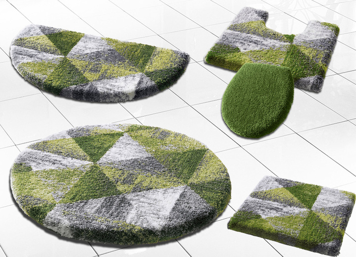 Badgarnituren - Badgarnitur von Grund mit geometrischem Dessin Ansicht 2 Badgarnituren - Badgarnitur von Grund mit geometrischem Dessin, in Größe 100 (Vorleger halbrund, 50/ 80 cm) bis 112 (WC-Deckelbezug, 47/ 50 cm), in Farbe ANTHRAZIT-GRAU Ansicht 2