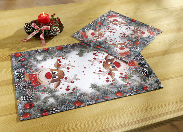 Tischdecken - Tisch- und Raumdekoration mit witzigen Elch-Motiven, in Größe 130 (2 Deckchen, 30/ 30 cm) bis 404 (Kissenbezug, 40/ 40 cm), in Farbe WEISS Ansicht 2