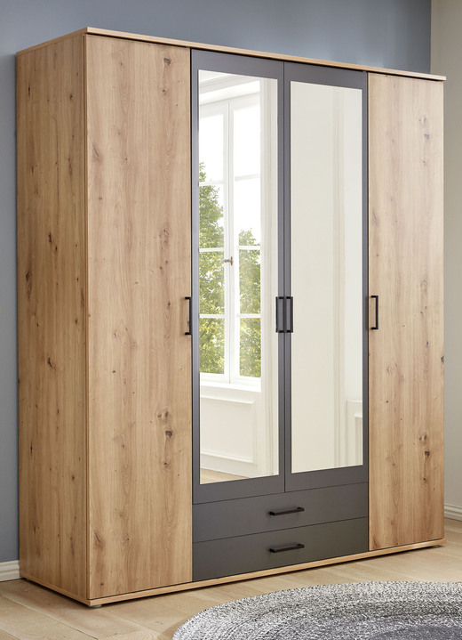 - Kleiderschrank, 4-türig, in Farbe EICHE-ANTHRAZIT