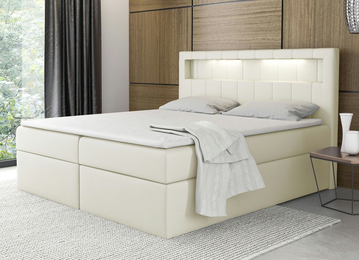 - Boxspringbett mit LED-Beleuchtung und Bettkasten, in Farbe CREME