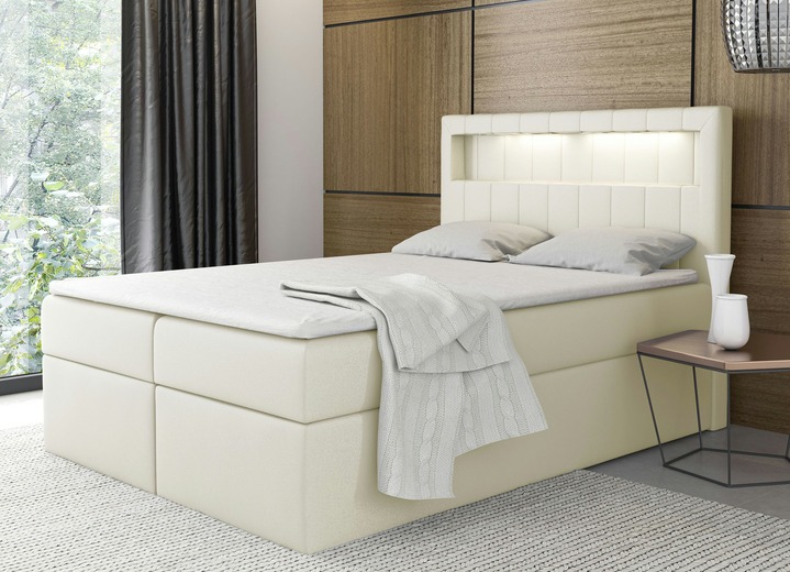 - Boxspringbett mit LED-Beleuchtung und Bettkasten, in Farbe CREME