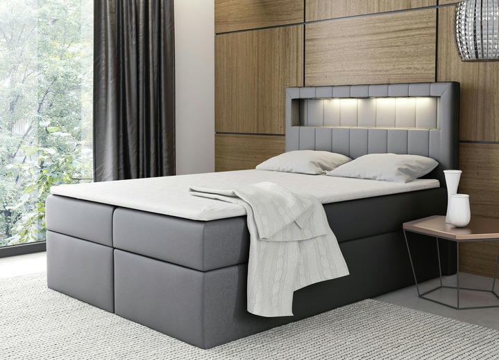 - Boxspringbett mit LED-Beleuchtung und Bettkasten, in Farbe GRAU