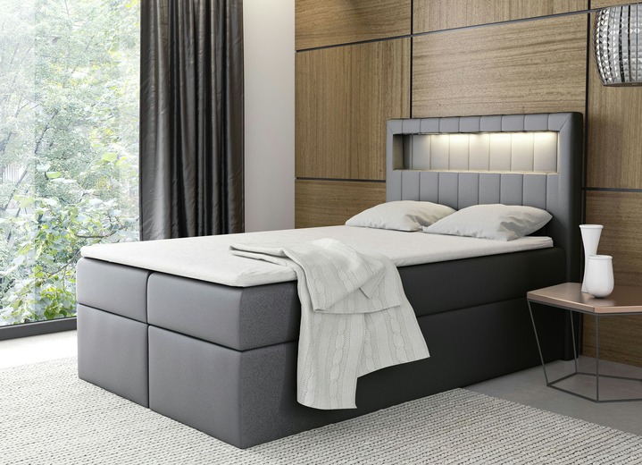 - Boxspringbett mit LED-Beleuchtung und Bettkasten, in Farbe GRAU