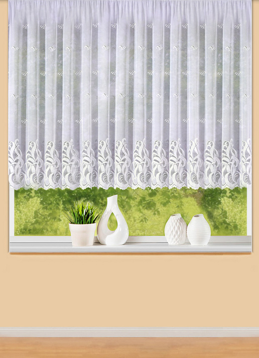 Klassisch - Blumenfenster-Store mit Universalschienenband, in Größe 140 (H120xB300 cm) bis 179 (H175xB450 cm), in Farbe WEISS Ansicht 1