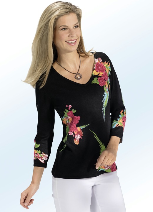 Pullover & Strickmode - Pullover mit Floral-Druck und Strasszier, in Größe L (44/46) bis XXL (52/54), in Farbe SCHWARZ-MULTICOLOR