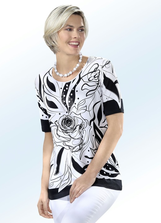 Kurzarm - Shirt mit rundem Halsausschnitt in 2 Farben, in Größe 038 bis 054, in Farbe WEISS-SCHWARZ