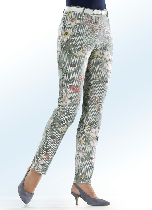 Hosen - Hose mit apartem Streifen- und Floraldessinierung, in Größe 017 bis 052, in Farbe WEISS-BLAU Ansicht 2