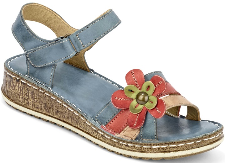 Sandaletten & Pantoletten - Sandalette in 3 Farben mit flotter Lederblüte, Weite G, in Größe 036 bis 042, in Farbe JEANS-BUNT Ansicht 1