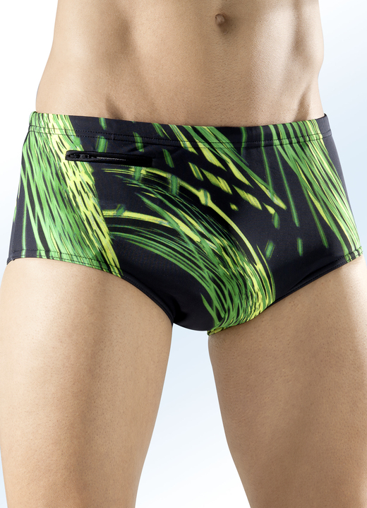 Badehosen - Badehose in höherer Slipform mit buntem Druckdessin allover, in Größe 004 bis 010, in Farbe SCHWARZ-BLAU-ROT Ansicht 2