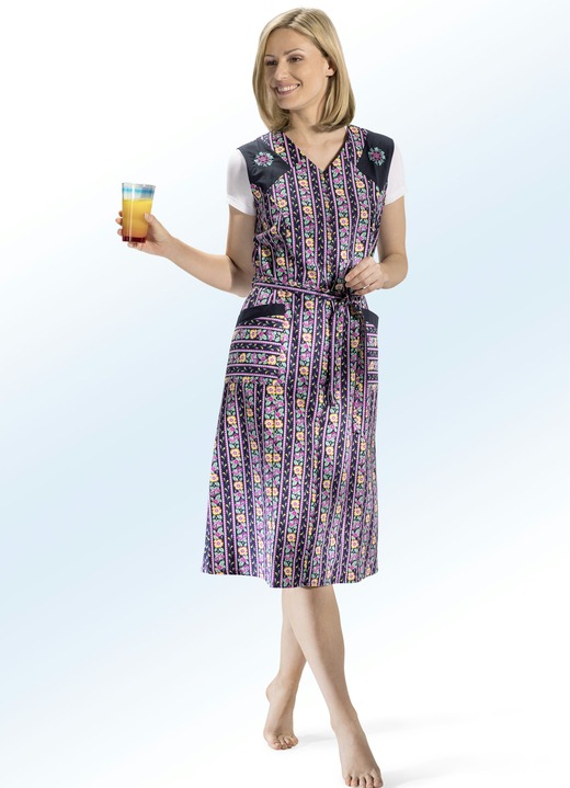 - Kittelschürze mit Stickereizier, in Größe 038 bis 062, in Farbe NACHTBLAU-BUNT Ansicht 2