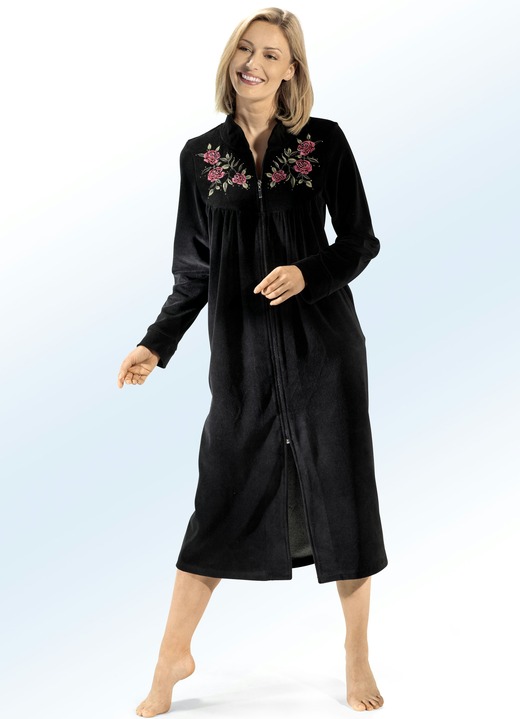 - Hausmantel mit Stickerei- und Strasssteinzier, in Größe 036 bis 058, in Farbe SCHWARZ Ansicht 2
