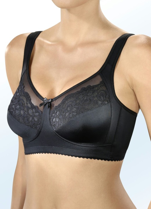 Tagwäsche - Formschöner BH in Cup E mit Elastikspitze und -tüll in den Obercups, in Größe 080 bis 100, in Cup E, in Farbe SCHWARZ Ansicht 1