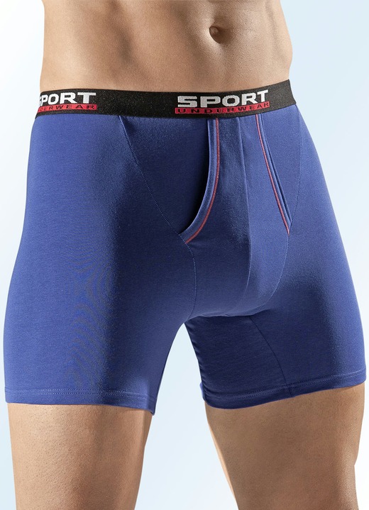 Pants & Boxershorts - Dreierpack Pants, uni mit Kontrastnähten, in Größe 004 bis 010, in Farbe 2X BLAU, 1X SCHWARZ
