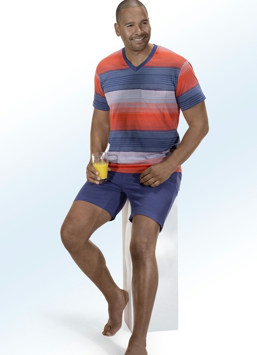 Shortys - Shorty aus BIO-Baumwolle mit V-Ausschnitt, garngefärbtem Ringeldessin und Brusttasche, in Größe 048 bis 062, in Farbe HUMMER-BLAU