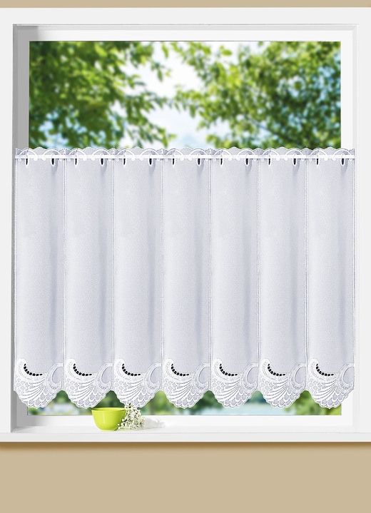 - Hübsche Fensterdekoration mit echter Plauener Stickerei, in Größe 321 (Seitenschal, H100x B70 cm) bis 896 (Kurzstore, H100xB160 cm), in Farbe WEISS Ansicht 3