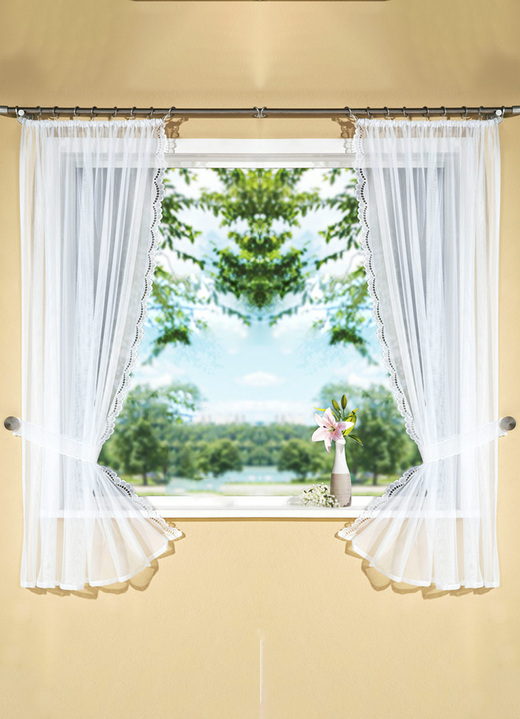 - Hübsche Fensterdekoration mit echter Plauener Stickerei, in Größe 321 (Seitenschal, H100x B70 cm) bis 896 (Kurzstore, H100xB160 cm), in Farbe WEISS Ansicht 2