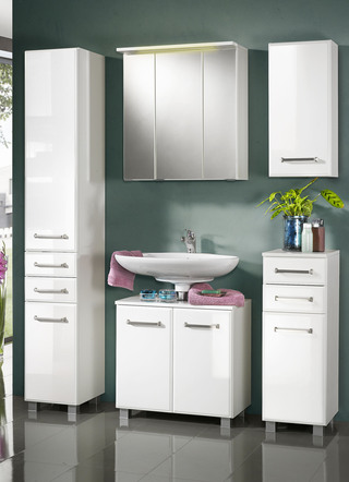 Badezimmermöbel - Hochwertiges Badmöbel Programm in modernem Design – Farbe WEISS – Ansicht  Badezimmermöbel - Hochwertiges Badmöbel Programm in modernem Design, in Farbe BUCHE ICONIC, in Ausführung Hängeschrank – Farbe WEISS – Ansicht