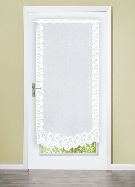 Kurzgardinen - Fenster- oder Türbehang aus Jacquard, in Größe 309 (Fensterbehang, 2er-Set H 80xB40 cm) bis 349 (Türbehang H180xB90 cm), in Farbe WEISS Ansicht 1
