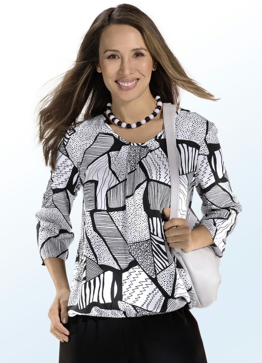 3/4-Arm - Tunika mit hübscher Fältelung am Ausschnitt Ansicht 2 3/4-Arm - Tunika mit hübscher Fältelung am Ausschnitt, in Größe 036 bis 052, in Farbe ECRU-SCHWARZ Ansicht 2