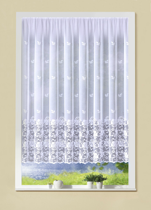Klassisch - Filigraner Blumenfenster-Store mit Automatikfaltenband 1:3, in Größe 140 (H120xB300 cm) bis 181 (H175xB600 cm), in Farbe WEISS Ansicht 1