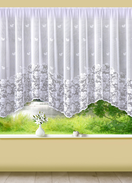 Klassisch - Aparter Bogenstore mit Automatikfaltenband Ansicht 2 Klassisch - Aparter Bogenstore mit Automatikfaltenband, in Größe 136 (H100xB300 cm) bis 165 (H145xB600 cm), in Farbe WEISS Ansicht 2