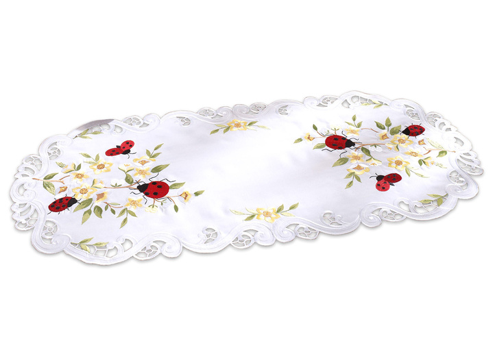 Tischdecken - Tisch- und Raumdekoration mit niedlichen Marienkäfern, in Größe 101 (Läufer oval, 40x 85 cm) bis 404 (Kissenbezug, 40x 40 cm), in Farbe CREME Ansicht 3