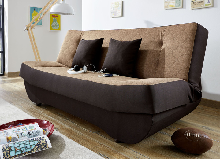 Schlafsofas - Klick-Klack-Sofa mit Dekokissen und Bettkasten, in Farbe BRAUN - BEIGE Ansicht 1