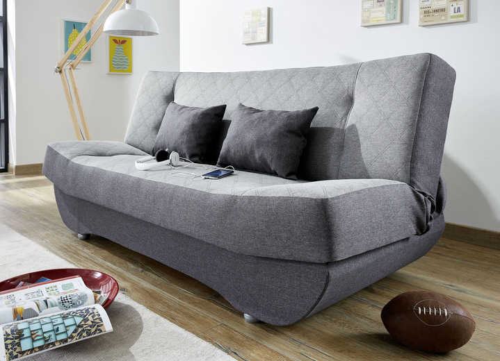 - Klick-Klack-Sofa mit Dekokissen und Bettkasten, in Farbe DUNKELG. - HELLG. Ansicht 1
