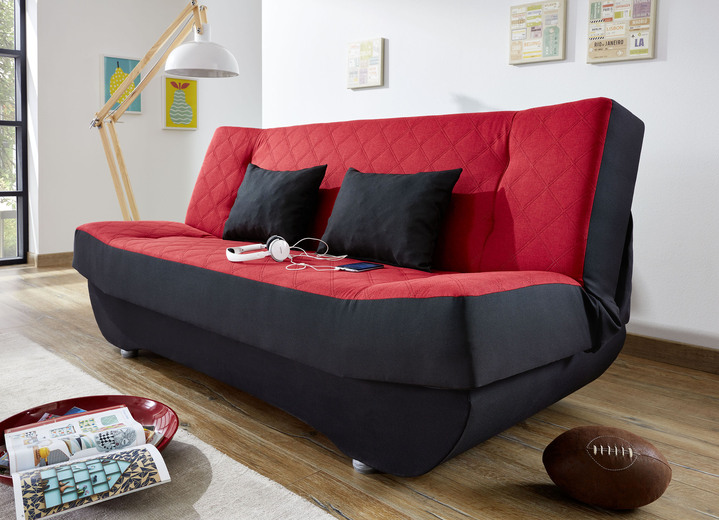- Klick-Klack-Sofa mit Dekokissen und Bettkasten, in Farbe SCHWARZ - ROT Ansicht 1