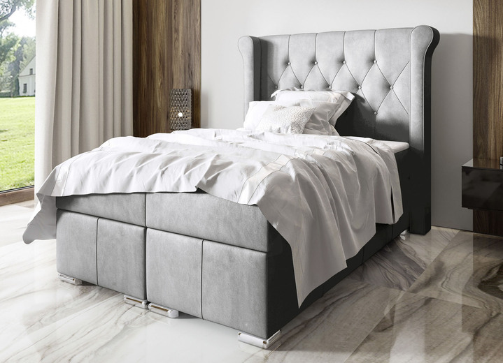 - Boxspringbett mit Topper und Stoffbezug aus Samt, in Farbe GRAU