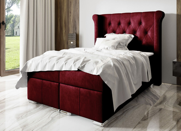 - Boxspringbett mit Topper und Stoffbezug aus Samt, in Farbe ROT